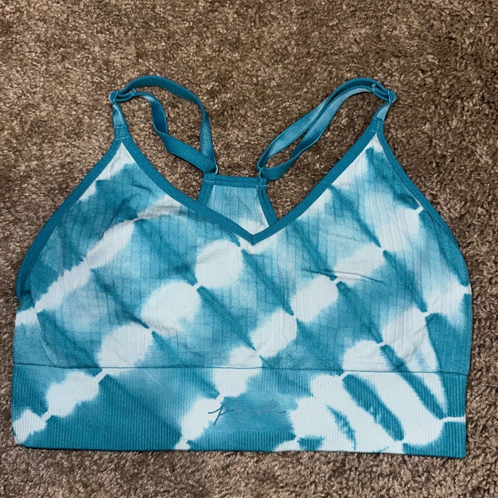 Womens VS PINK blue and white tie dye seamless v-neck sports bra